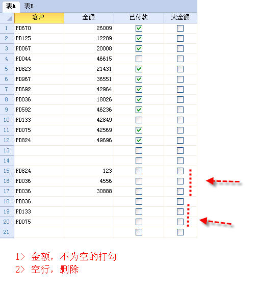 逻辑列,选中金额不为空的行,删除完全空行